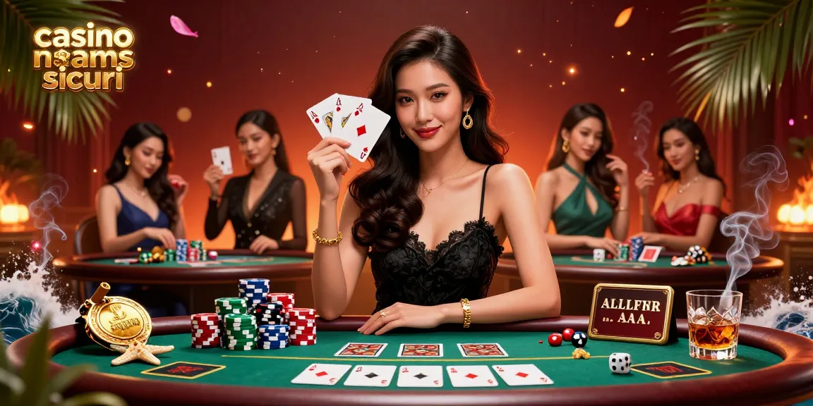 Scena coinvolgente che ritrae un'elegante donna asiatica che promuove casinò non aams sicuri, mostrando carte, fiches e un ambiente casinò lussuoso.