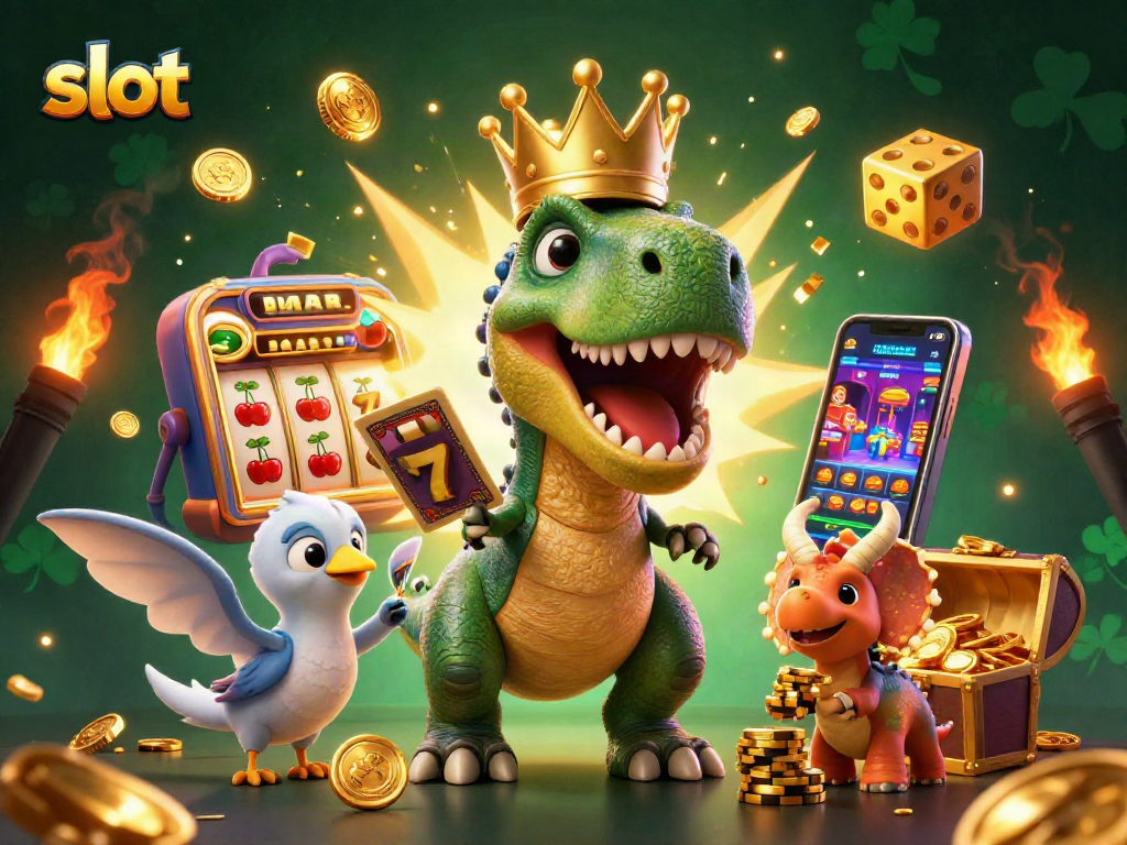 Engaging slot gaming scene with a T-Rex, Pterodactyl, and Triceratops celebrating a jackpot