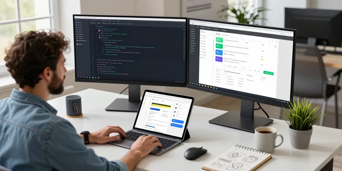 Developer at a modern workspace working on the software for teiegramin.com, showcasing code and design tools in a bright office setting.