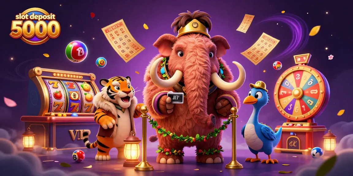 Slot deposit 5000: Bouncer mammoth memeriksa ID VIP dengan latar belakang permainan slot penuh warna.