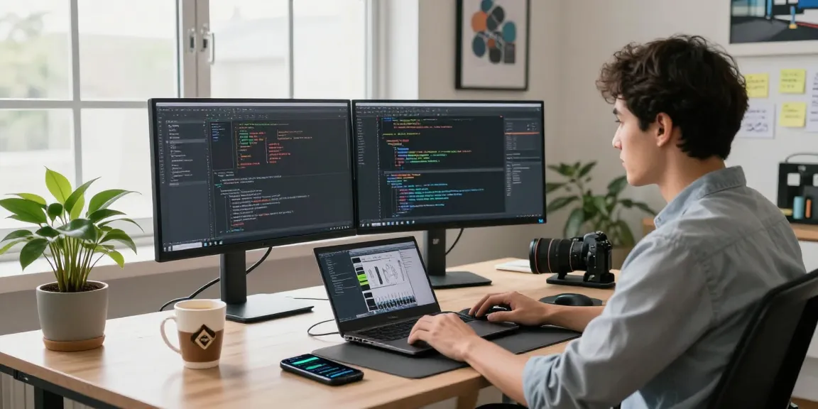 Innovative workspace showcasing raja328 daftar coding scene with dual monitors and design tools, creating a productive tech environment.