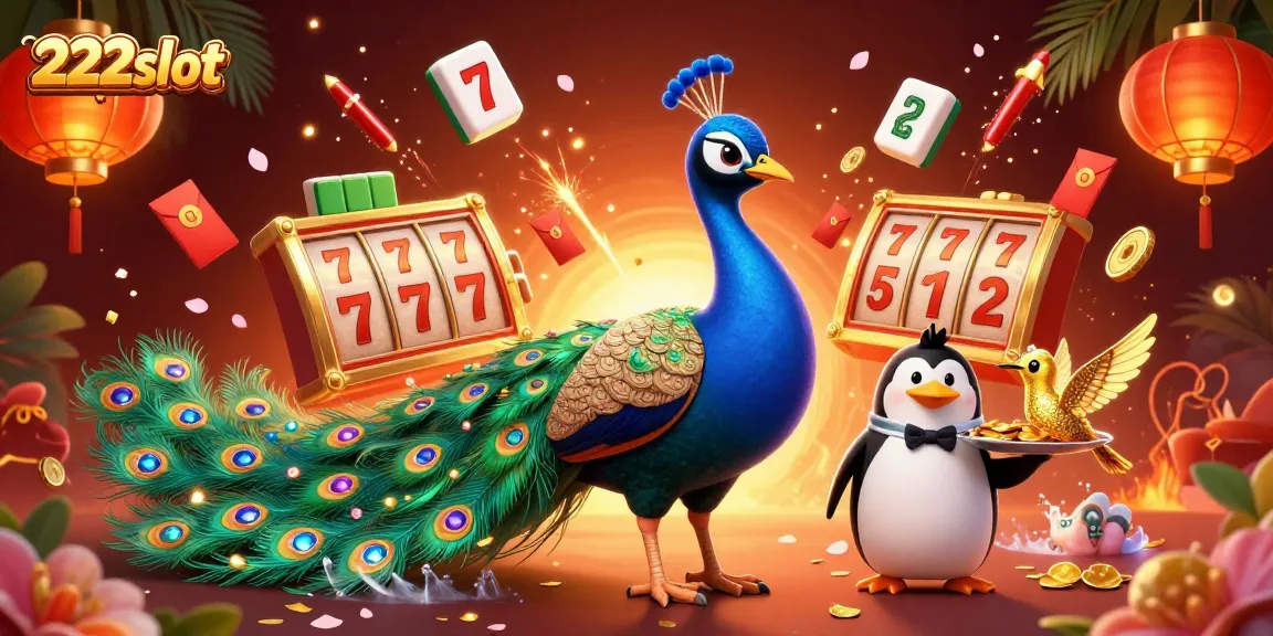 Gambar 222slot menampilkan merak kartun dan elemen keberuntungan dalam permainan slot online.