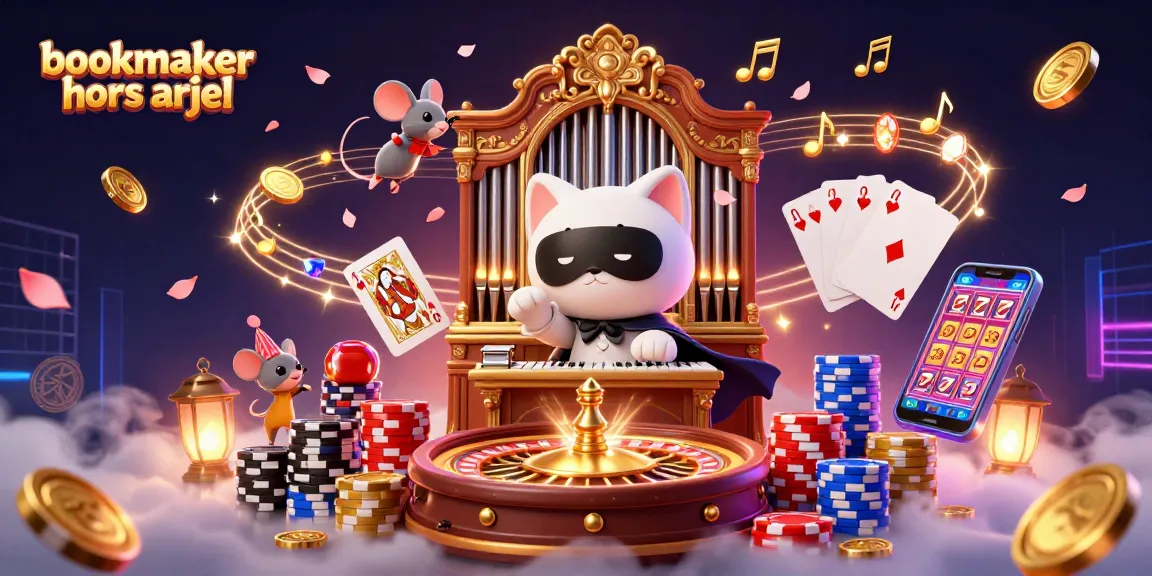 Visez des gains avec le bookmaker hors ARJEL, entouré de pièces dorées et de cartes gagnantes.