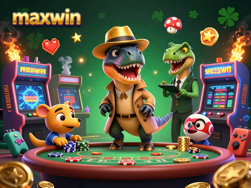 Visualisasi 3D menarik dari makhluk permainan kasino maxwin dengan velociraptor, stegosaurus, dan compy mencuri chip.