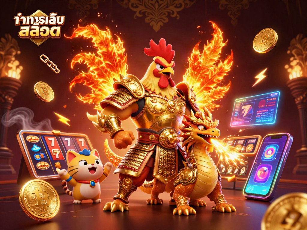 Experience ทดลองเล่นสล็อต with exciting characters and casino elements in this vibrant illustration.