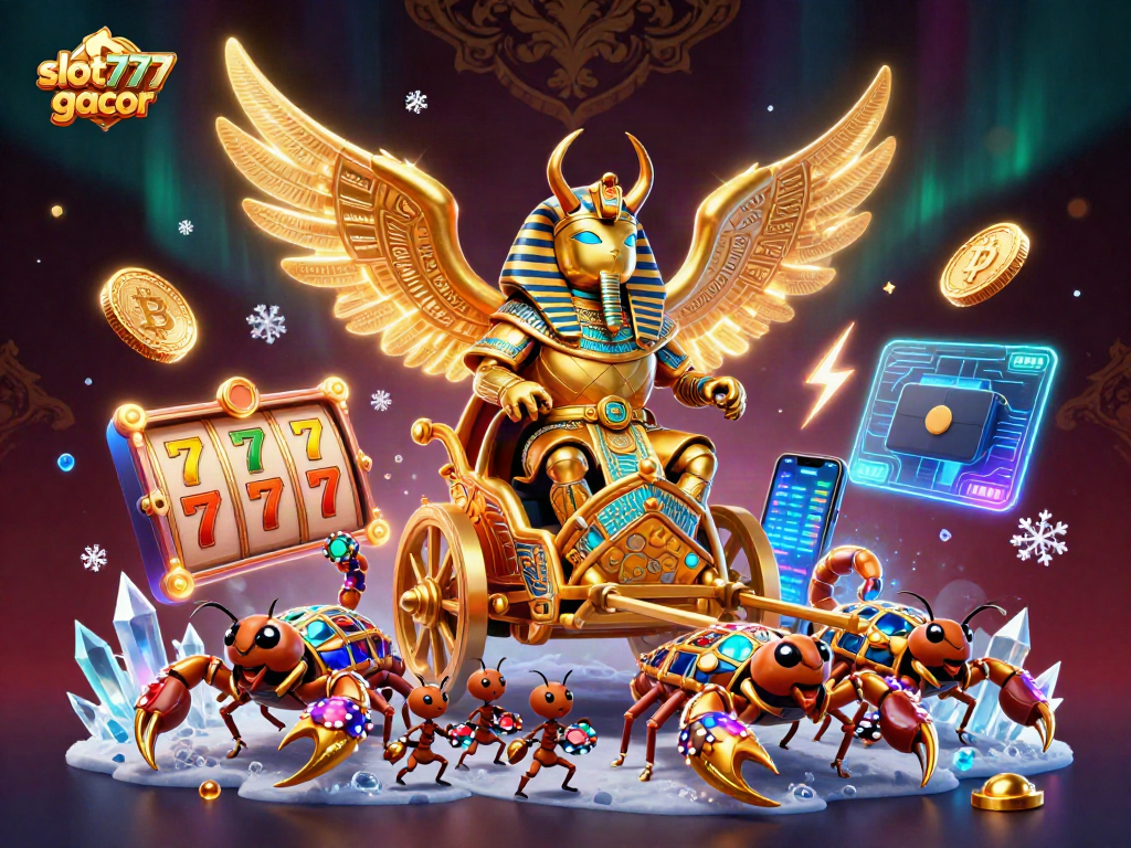 Unleash winning strategies with slot777 gacor in a vibrant 3D casino scene filled with dynamic game elements.