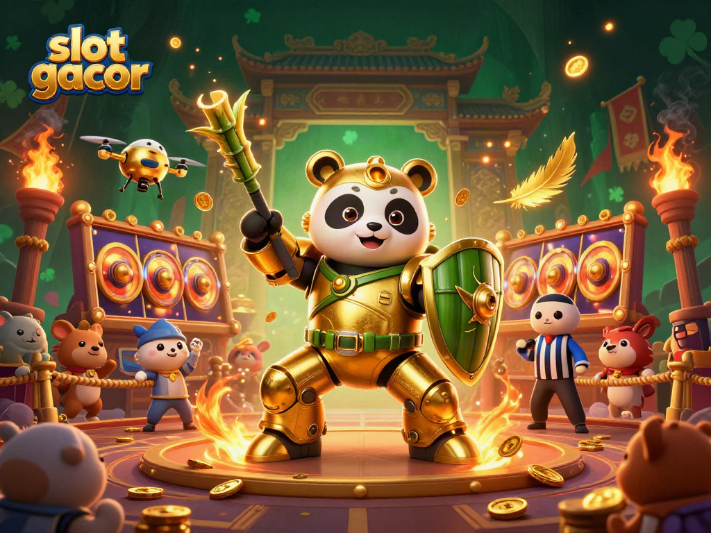 Spin the exhilarating slot gacor reels alongside unique 3D panda battling in a vibrant casino arena.