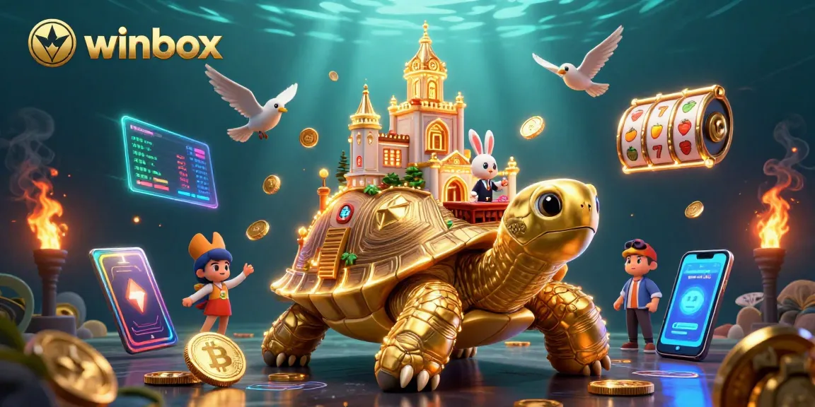Winbox casino illustration with golden tortoise, dealer, and golden coins amidst vibrant graphics.