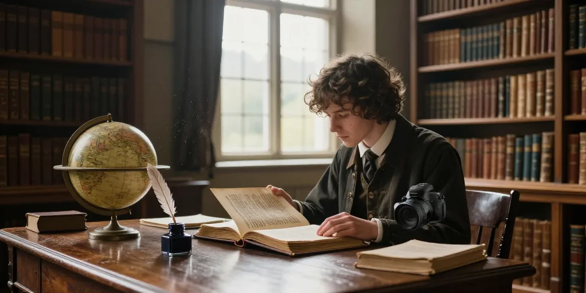 Explore historical narratives at https://tyntescastle.com with a reader in a vintage library setting.