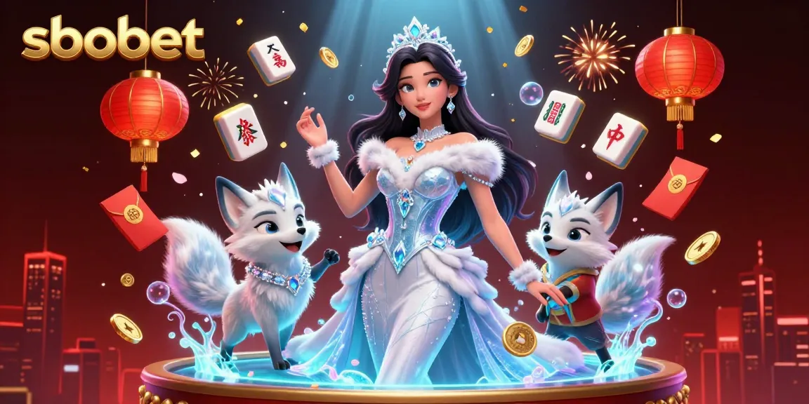 Experience the excitement of sbobet with vibrant casino elements and a stunning ice queen in a lively scene.