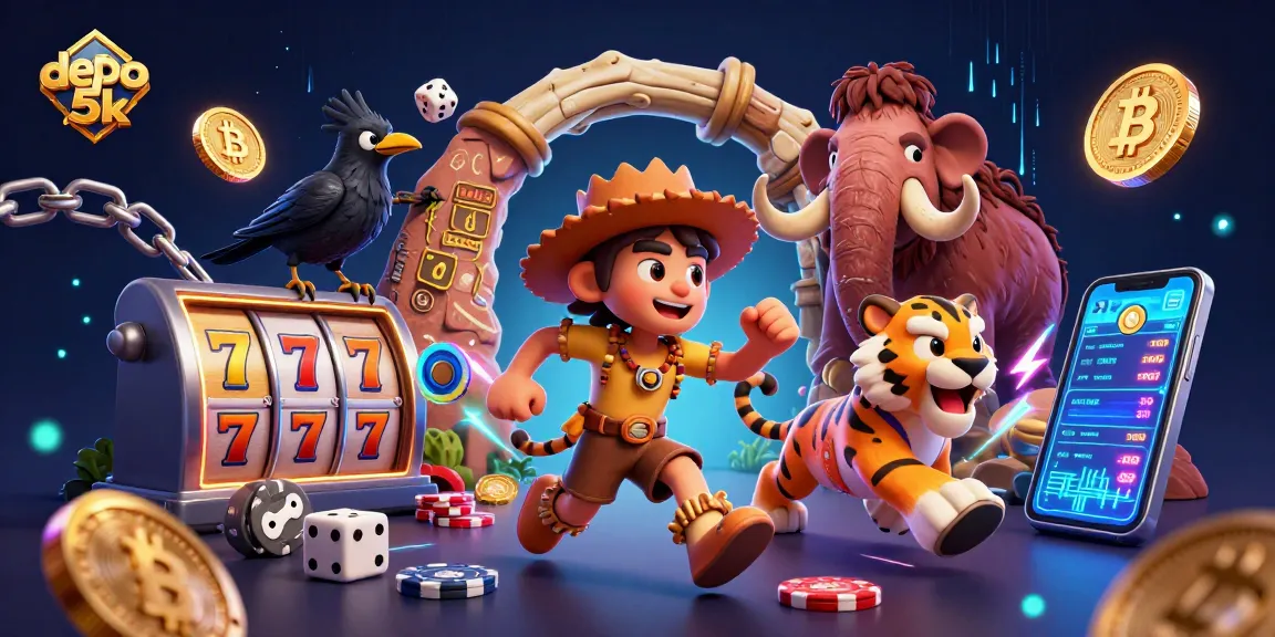 Experience the thrilling action at depo 5k with a vibrant casino scene featuring cavemen and a sabertooth tiger.