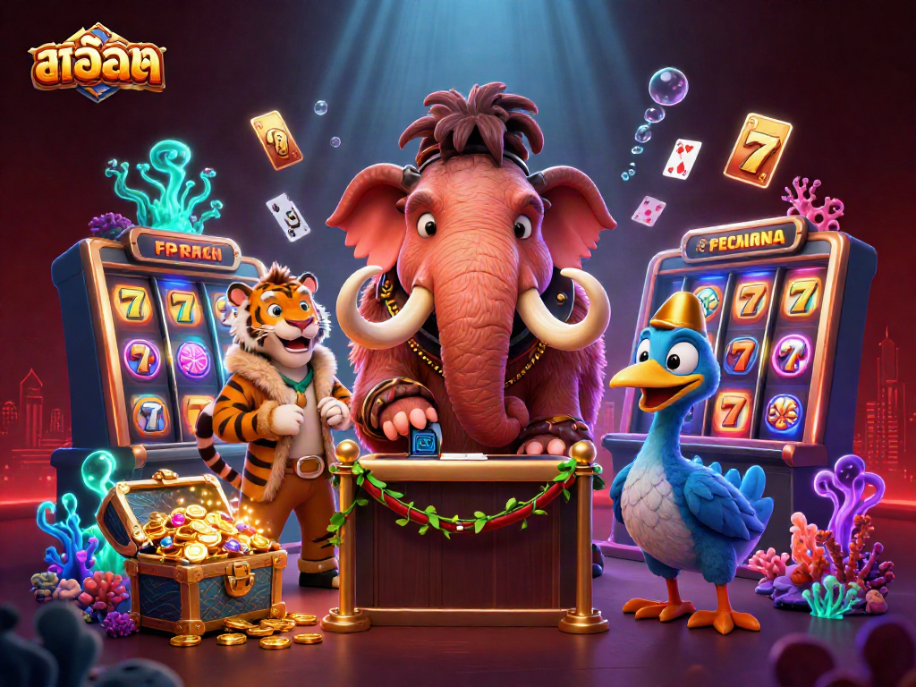Experience the excitement of สล็อต with a vibrant 3D illustration featuring unique casino characters.