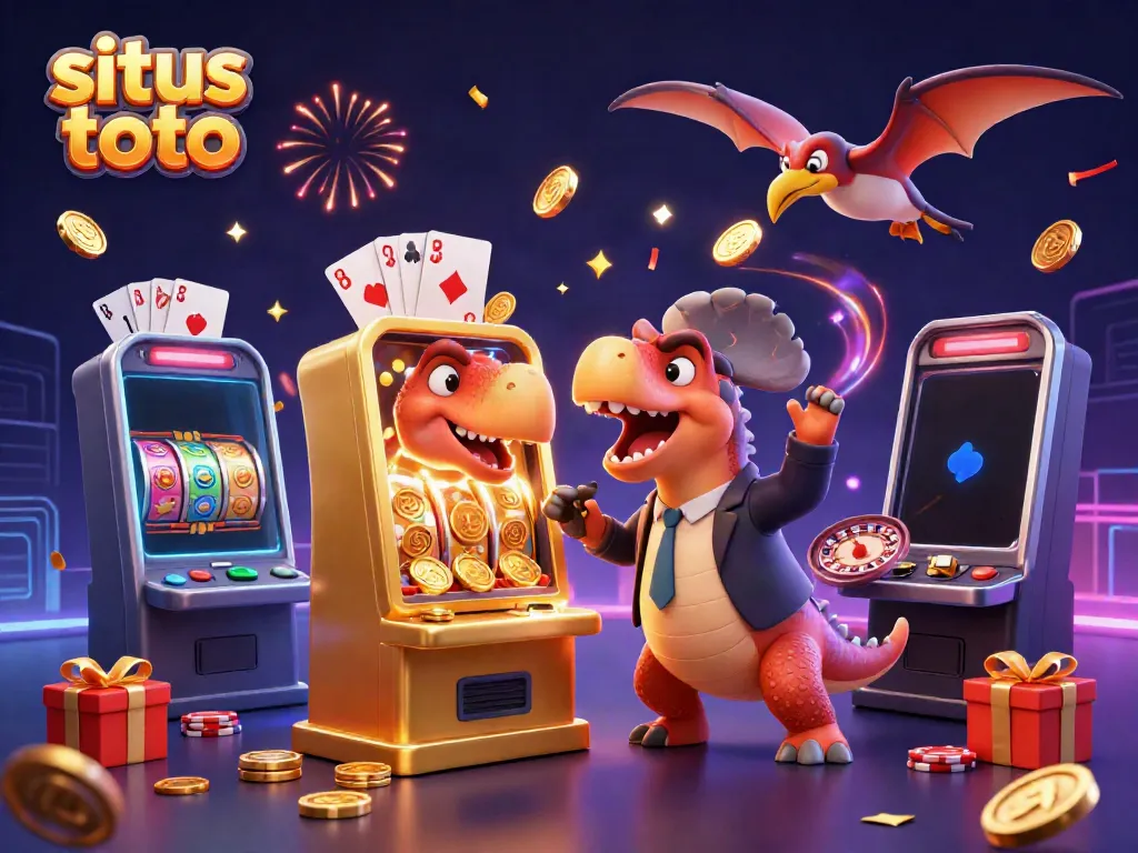 Engaging illustration of situs toto with dinosaur characters interacting with casino elements in a vibrant, animated scene.