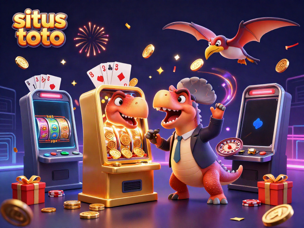 Engaging illustration of situs toto with dinosaur characters interacting with casino elements in a vibrant, animated scene.