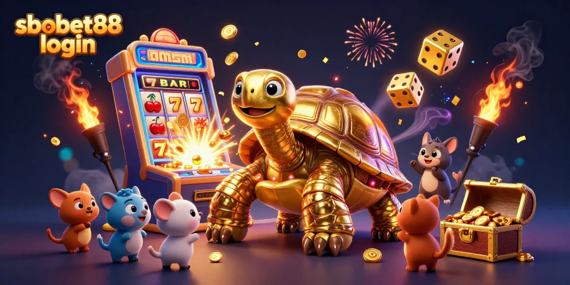 SboBet88 login experience with a vibrant depiction of casino games and animated characters enjoying the action.