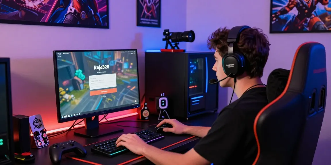 Engaged player using raja328 link in dynamic online gaming setup with colorful lights.