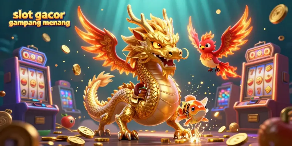 Mainkan slot gacor gampang menang sambil menyaksikan naga emas dan ikan koi beruntung di antara berbagai mesin slot