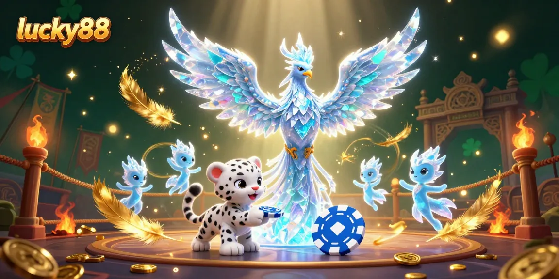 Engage with lucky88's vibrant casino atmosphere featuring an ice phoenix, a snow leopard, and magical ice sprites.