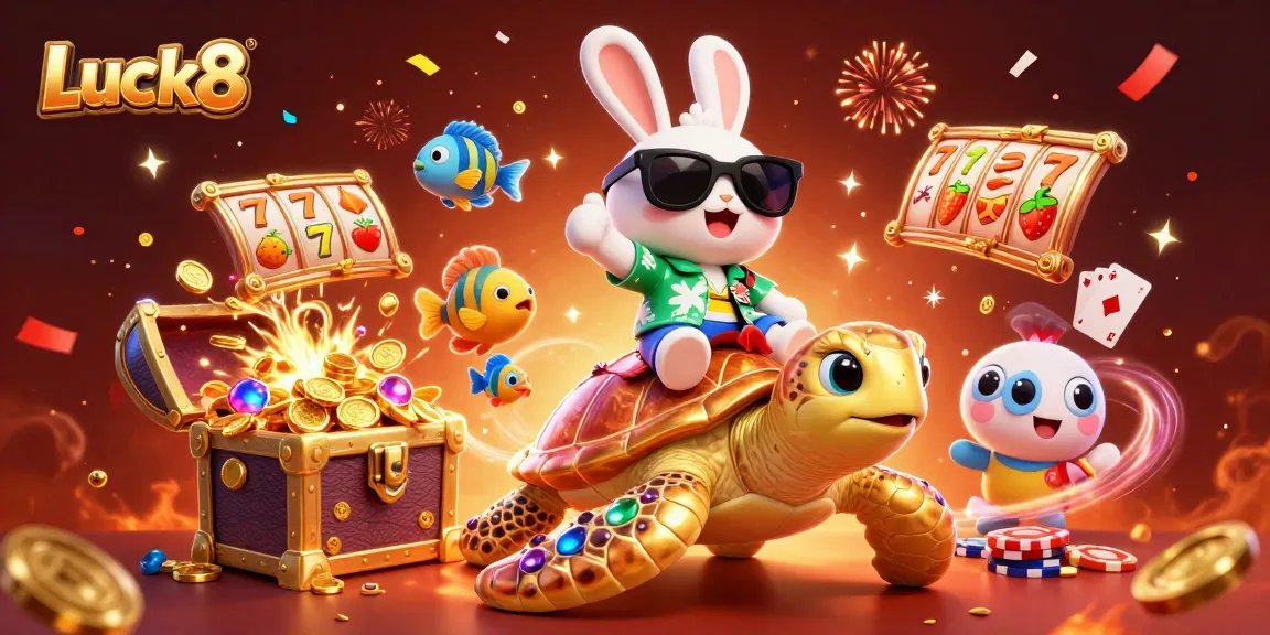 Engage with Luck8's lively 3D casino scene featuring a lucky rabbit and golden sea turtle amidst slots and treasure.