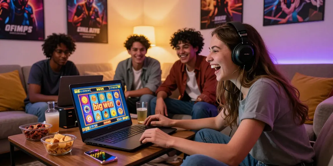 Engaging group of friends playing bandar slot gacor online, showcasing excitement in a cozy home setting.