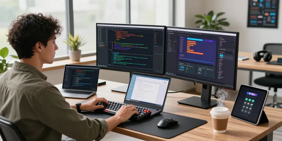 Developer coding on dual monitors in a modern tech workspace, reflecting productivity while using 纸飞机中文版.