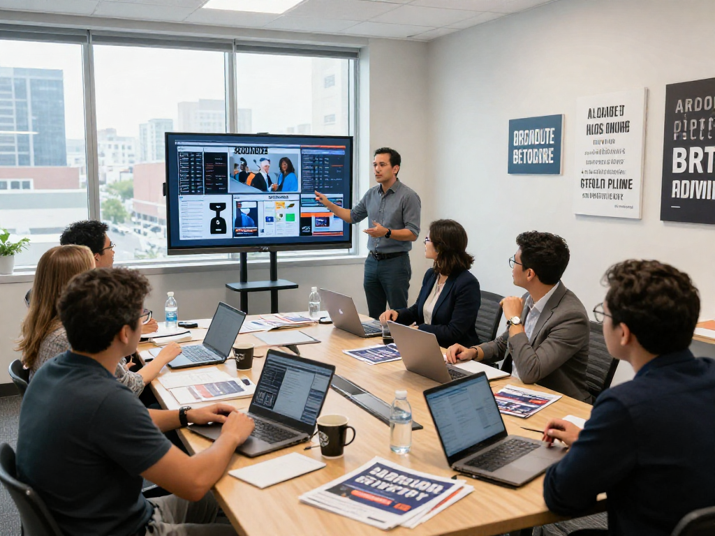 Political text messaging service showcased in a vibrant campaign strategy meeting, with consultants and data visualizations.