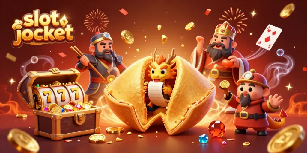 Celebrate a slot jackpot with a golden fortune cookie, dragon, and festive casino elements