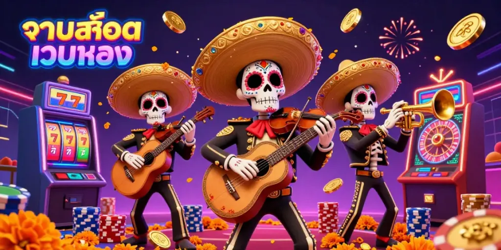 Experience the excitement of รวมสล็อตเว็บตรง at our vibrant casino scene with lively mariachi band, dynamic gaming elements, and festive atmosphere.
