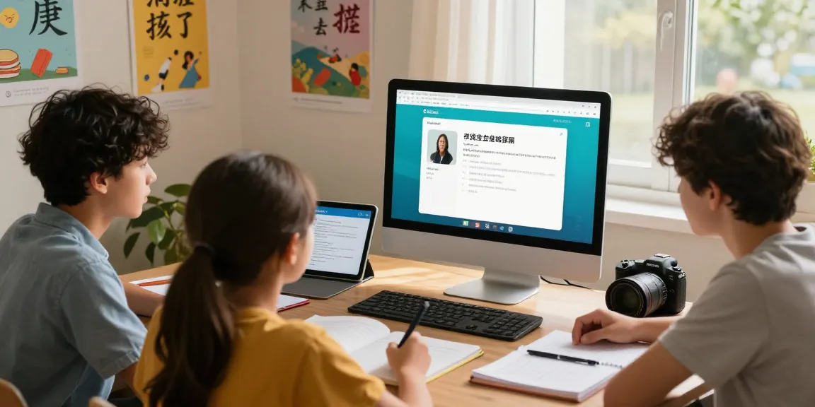 Students receiving telegram chinese help in an inviting online learning environment.
