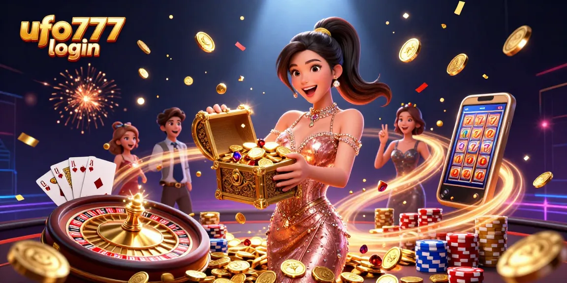Experience thrilling gameplay with ufo777 login, featuring a stunning Asian woman surrounded by riches and vibrant casino elements.