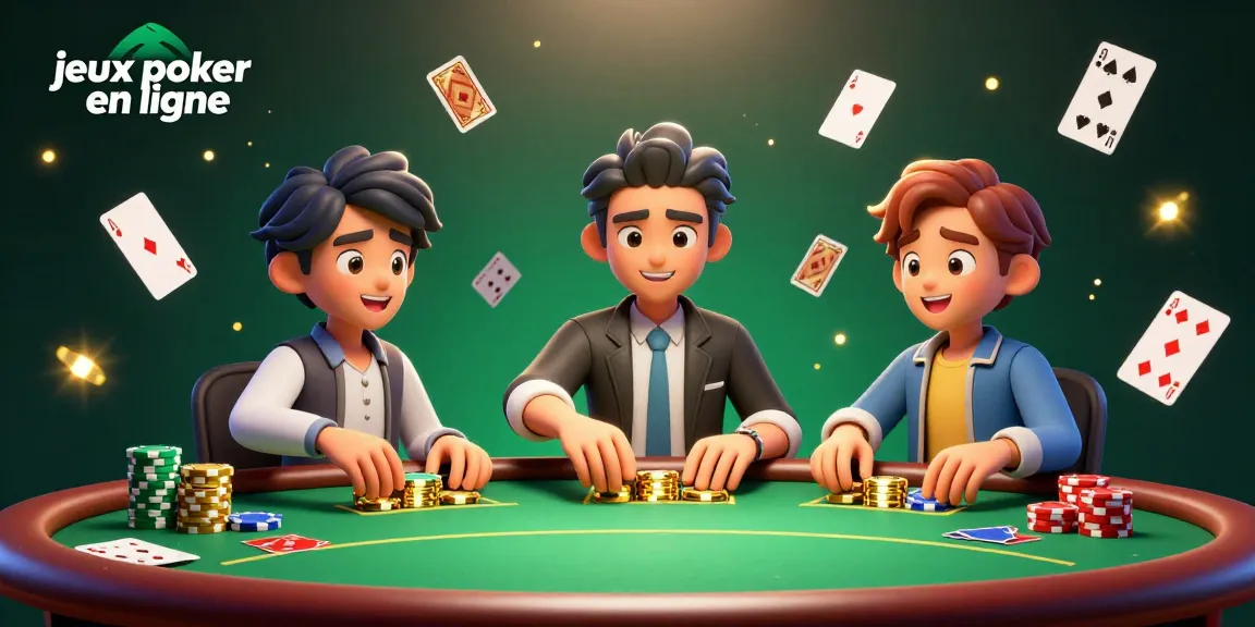 Jouez à des jeux poker en ligne avec des cartes, jetons et ambiance de casino.