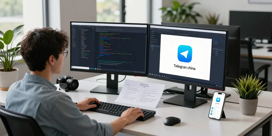 Developer using the telegram china working app in a modern workspace with dual monitors displaying code and app interface.