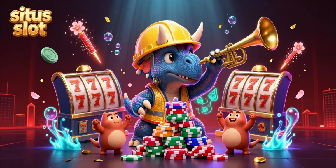 Permainan situs slot dengan triceratops bersenjatakan chip poker dan perayaan meriah.
