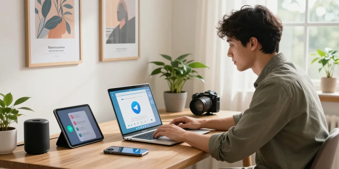 Young professional using the telegram china working app in a modern home office.