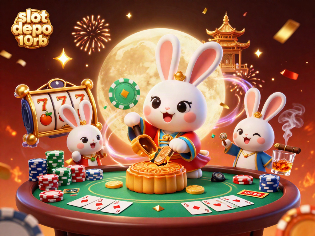Experience thrilling action with slot depo 10rb as moon rabbits reveal enticing poker chips amidst vibrant casino elements.