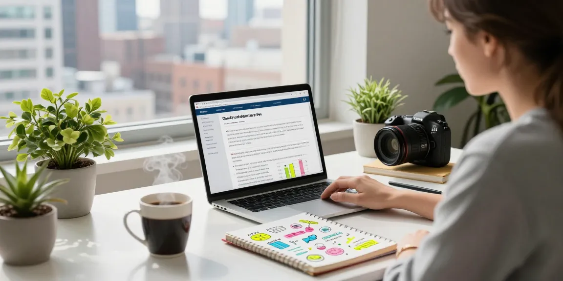 Workspace showcasing a blogger analyzing quality and authority blogs with a laptop and creative notes in a vibrant, modern office.