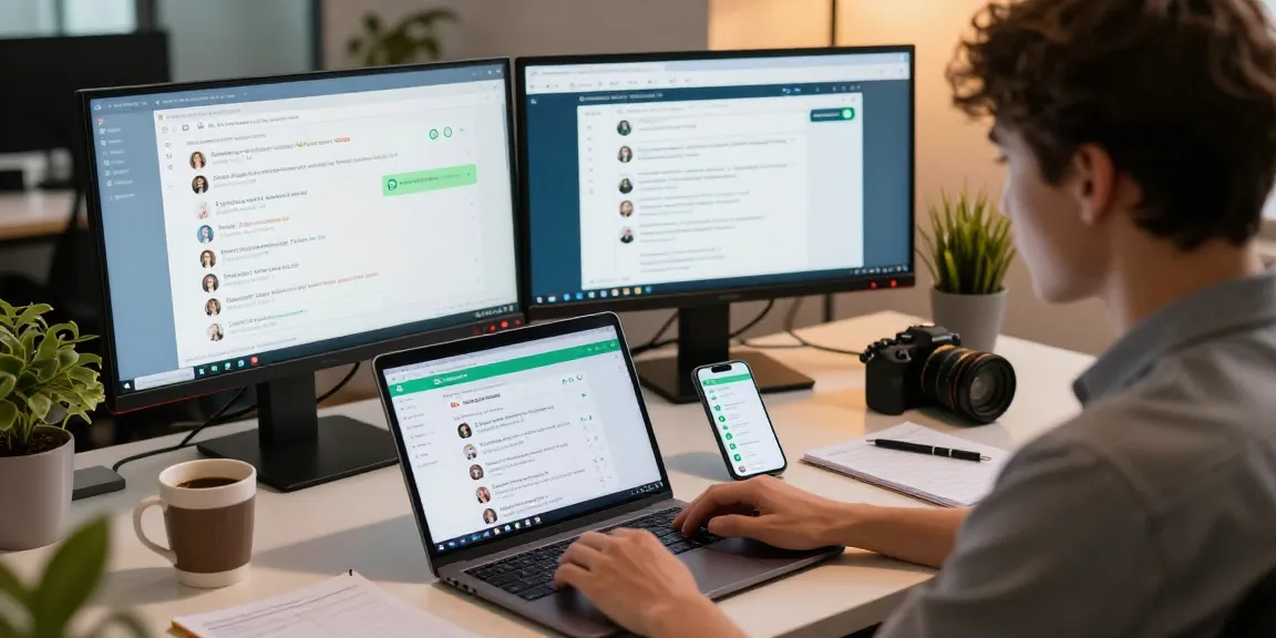 A young professional using WhatsApp網頁版 on a laptop in a modern workspace.