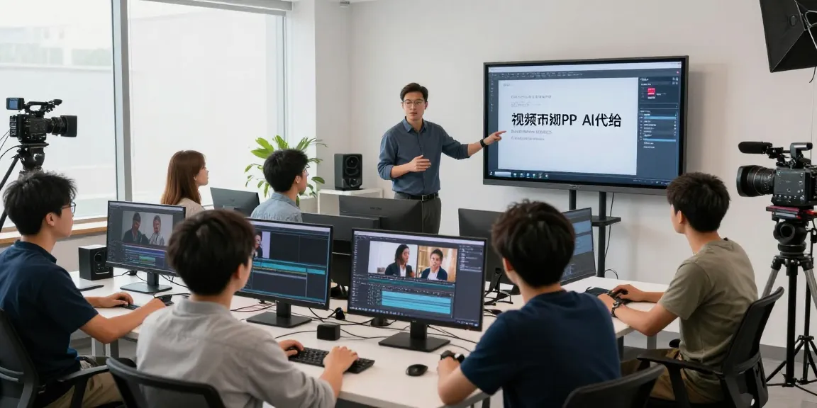 Instructor guiding students on video prompt ai technology in a modern studio.