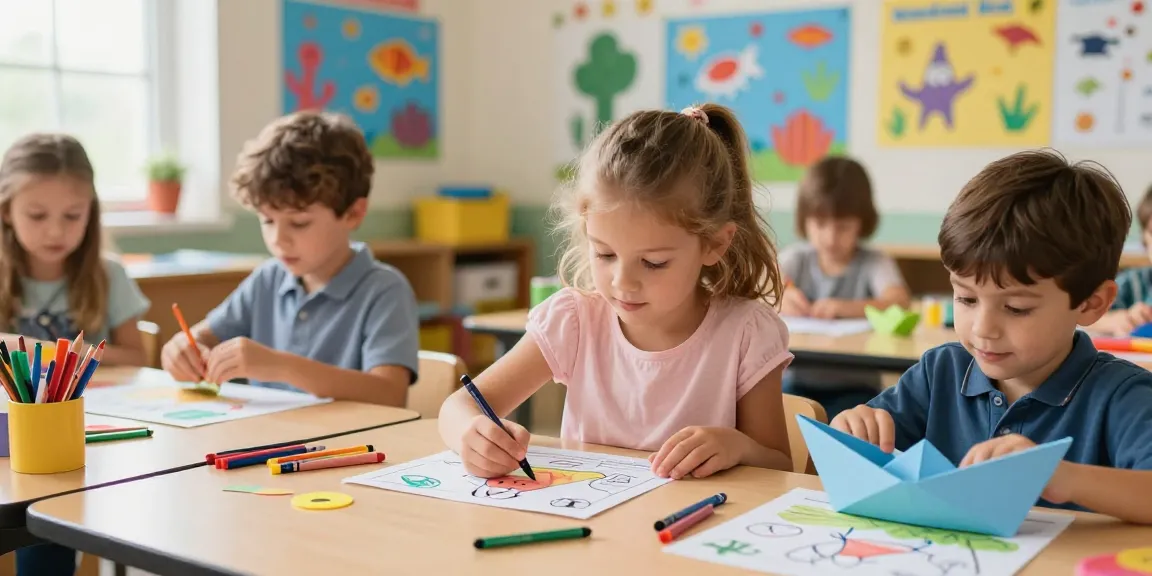 Kids learn through creative coloring activities in a bright classroom.
