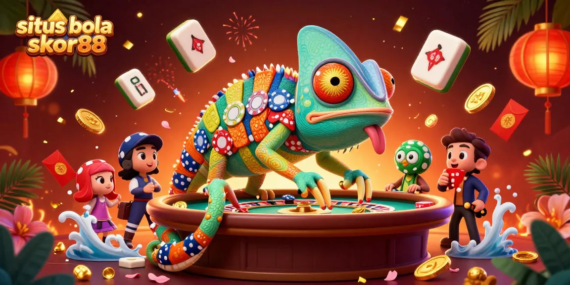 Experience thrilling bets at situs bola skor88 with a vibrant casino and chameleon mascot illustration.