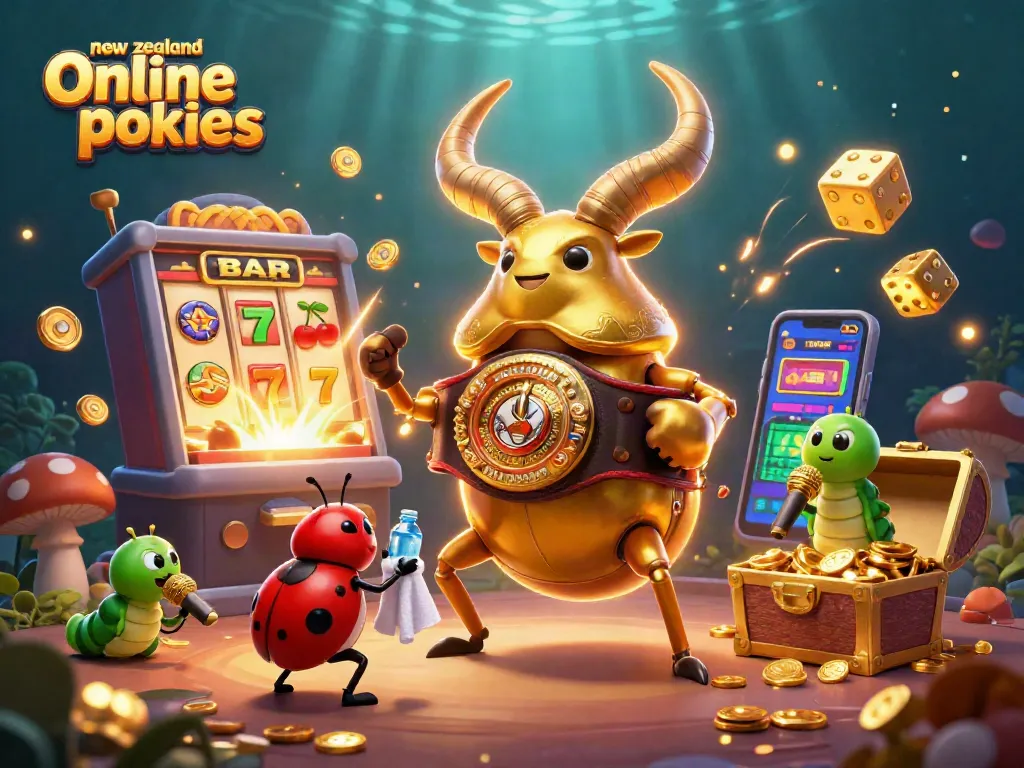 Play exciting new zealand online pokies with dynamic symbols and vibrant casino elements exploding around.