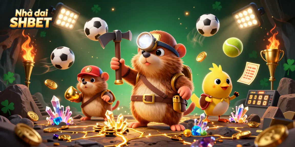 Bet with Nhà cái SHBET while enjoying vibrant 3D illustration of treasure hunting and sports with golden trophies.