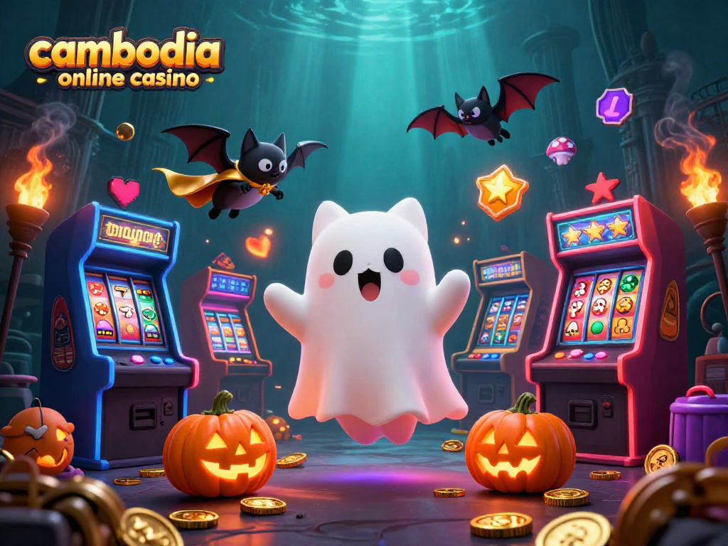 Engage with the vibrant fantasy scene of a cambodia online casino featuring a ghost cat, bat, and glowing poker pumpkin elements.