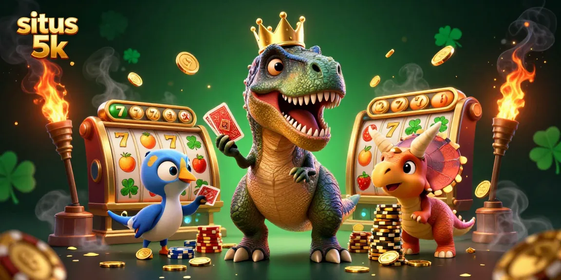 Engage with exciting slots at situs 5k, featuring vibrant characters, golden coins, and dynamic casino elements.