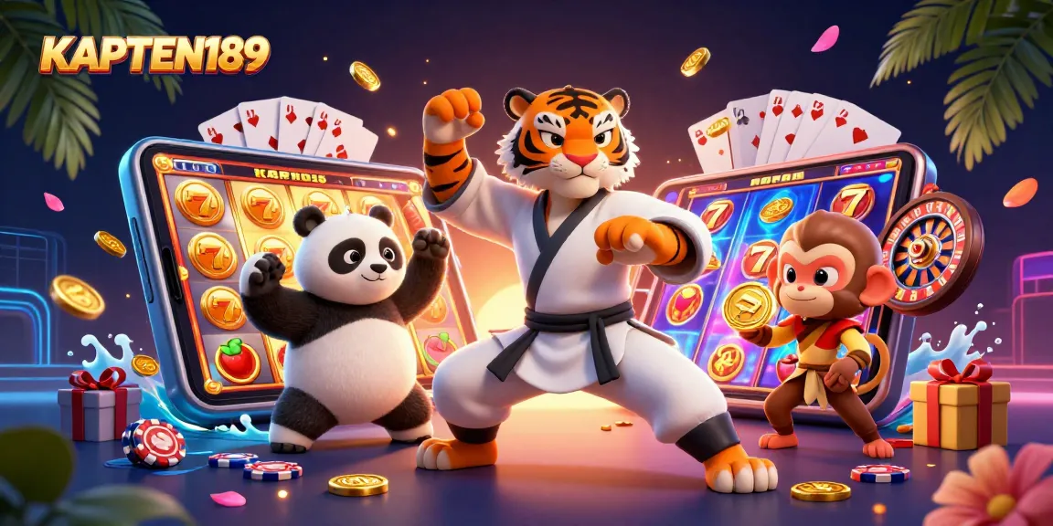 KAPTEN189 menampilkan master harimau kungfu 3D dalam pose beruang dengan elemen kasino dan koin emas.