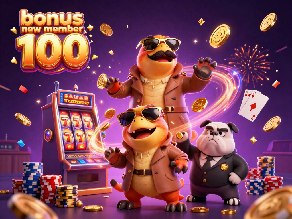 Experience the excitement with bonus new member 100 at our slot machines amidst vibrant casino elements.