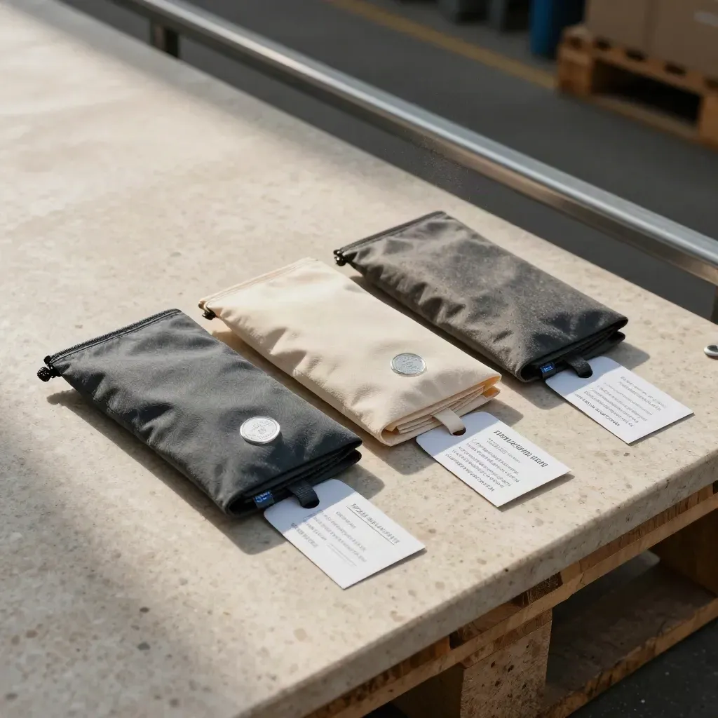Transit pouches, customs seal, and parcel tags sorted into UK, EU, and export lanes on travertine.