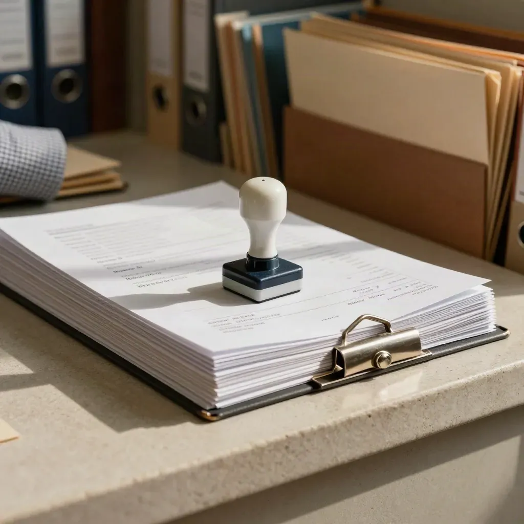 Invoice compliance pack with correction stamp and clipped face-down sheets in warm sunlight