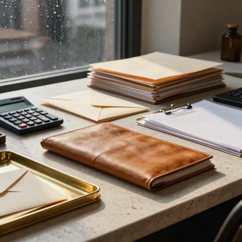 VAT documents and brass trays on pale stone in a moody compliance workspace.