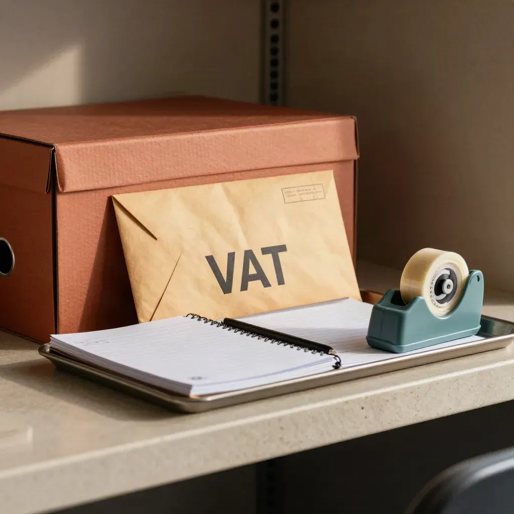 Archive box, stamped envelope, notebook and teal tape dispenser on a stone shelf in a calm tax archive.